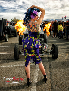 Lauren Perry and Hellbilly flame car. Jillian Danielson/RiverScene 