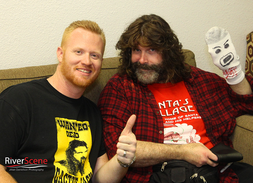 Jerad Pennington poses with Mick Foley Saturday evening. The comedy night was held at the London Bridge Resort and was sponsored by Pennington's Pub. 