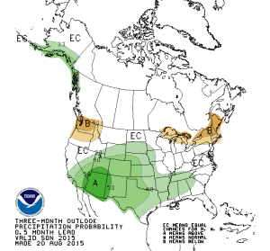NOAA map depicting above average chances for above normal precipitation for the months of September-December. 