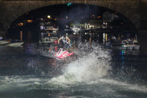 An IJSBA competitor performs in the night time freestyle demonstration under the London Bridge Saturday evening. Rick Powell/RiverScene 
