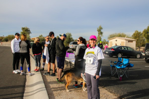 Crystal Alger was on hand to greet the runners before the race Saturday morning. Rick Powell/RiverScene 