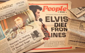 A collection of newspapers from Elvis's death are displayed in Evie's home. Jillian Danielson/RiverScene 