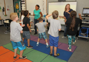 Teachers Cynthia Jaconi and Patricia Fligg play a game with Smoketree Elementary students Wednesday afternoon in their classroom. Jillian Danielson/RiverScene 