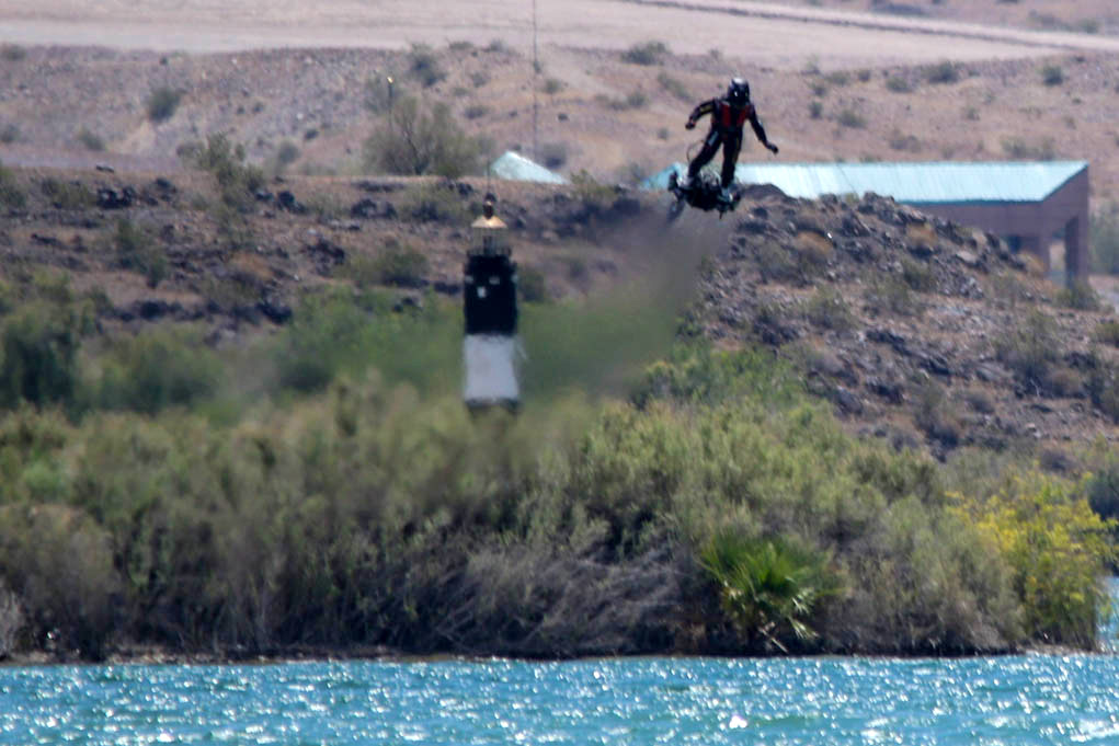 Lake Havasu and its surrounding mountains, provide some breathtaking photo ops for Zapata Racings, Franky Zapata and his new Flyboard Air. Ken Gallagher/RiverScene