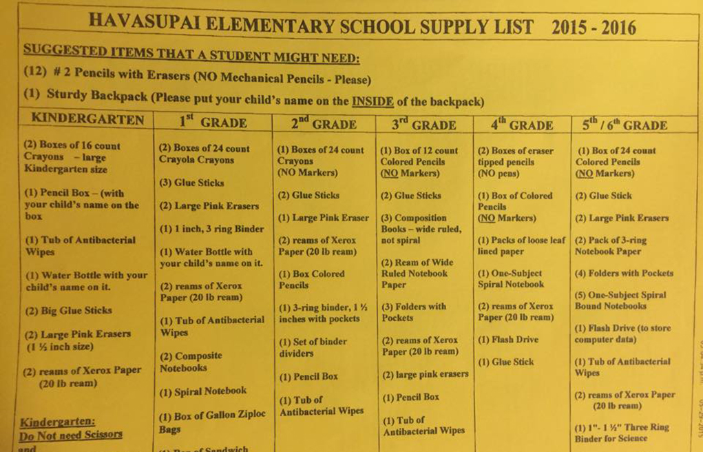 Back To School Supply Lists