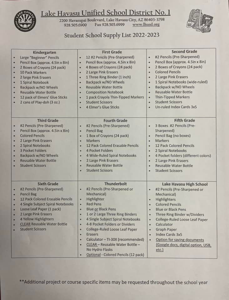 LHUSD School Supply List 2022