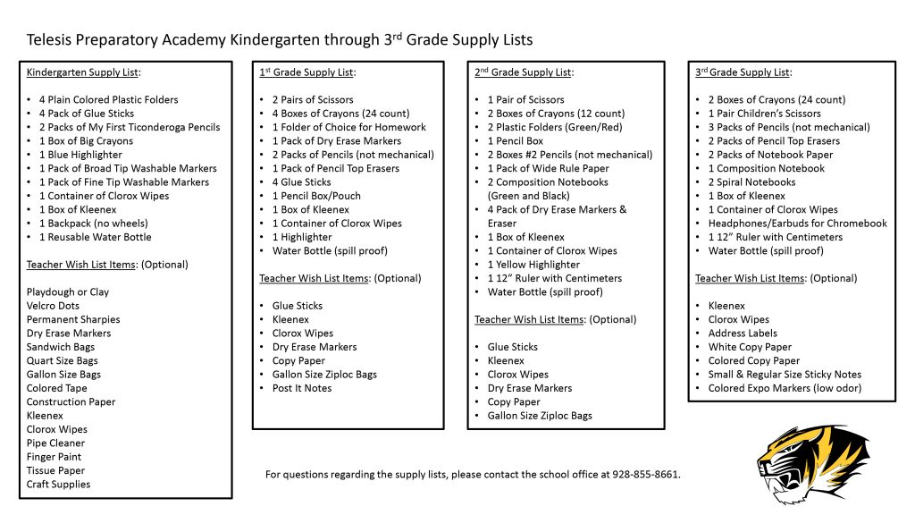 Telesis School supply list 2022