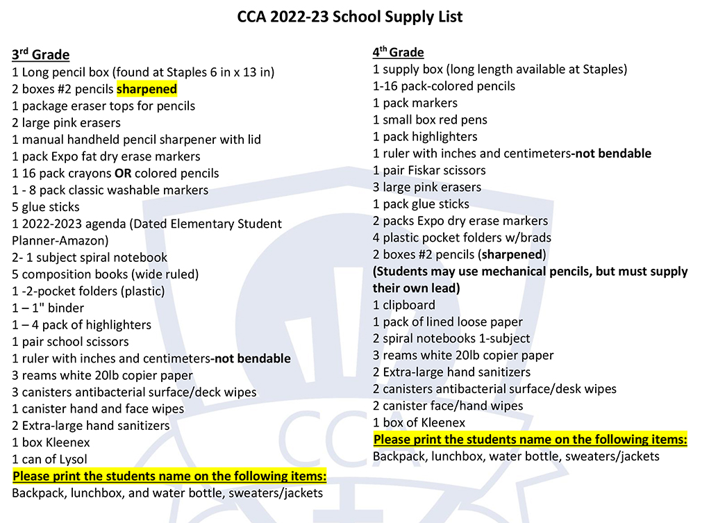 Calvary School supply list 2022